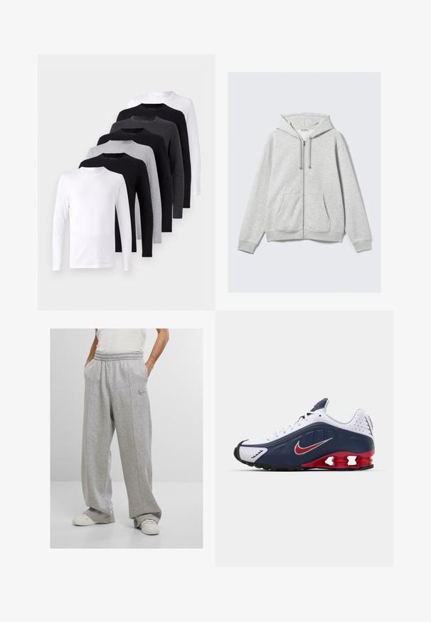 Šviesiai pilkas užtrauktuku užsegamas džemperis su raišteliais ir priekinėmis kišenėmis, išdėstytas plokščiai prieš baltą foną.; Juodos, baltos ir pilkos spalvų ilgomis rankovėmis marškiniai. Pagaminti iš medvilnės, apvaliu kaklu, lygus paviršius be raštų ar akcentų.; Pilkos sportinės kelnės, pagamintos iš minkštos medžiagos, su elastine juosmens juosta, šoninėmis kišenėmis ir išsiuvinėtu logotipu ant kairiojo šlaunies. Plati kojų dizainas.; Balti ir tamsiai mėlyni sportiniai bateliai su raudonais akcentais, tinklinėmis panelėmis, paminkštintu apvadu ir išskirtiniu padu, kuriame matomi amortizuojantys elementai.