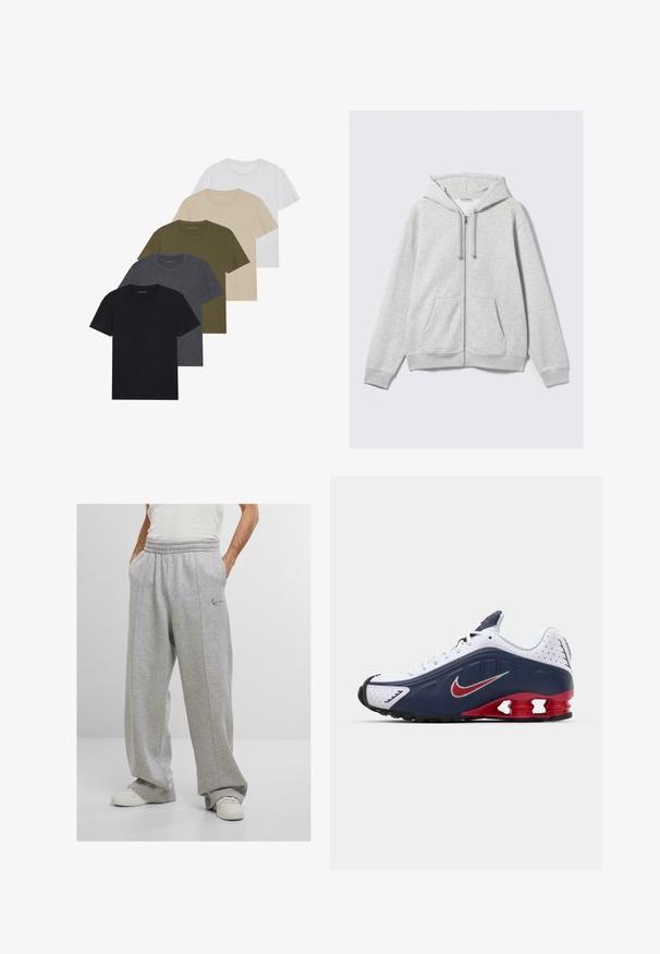 Hellgrauer Reißverschluss-Hoodie mit Kordeln und vorderen Taschen, flach gegen einen weißen Hintergrund präsentiert.; Fünf Rundhals-T-Shirts in einem Farbverlauf angeordnet: Schwarz, Dunkelgrau, Olivgrün, Beige und Weiß. Hergestellt aus weichem, atmungsaktivem Stoff.; Graue Sweatpants aus weichem Stoff, mit elastischem Bund, Seitentaschen und gesticktem Logo an der linken Hüfte. Weit geschnitten.; Weiße und marineblaue Sportschuhe mit roten Akzenten, Netzpaneelen, gepolstertem Kragen und einem markanten Sohlenentwurf mit sichtbaren Dämpfungselementen.