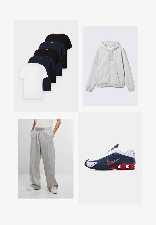 Világosszürke cipzáras kapucnis pulóver húzózsinórokkal és elülső zsebekkel, fehér háttér előtt laposan elhelyezve.; Öt sima, rövid ujjú, kerek nyakú póló fekete, sötétkék és fehér váltakozó színben, egy fehér háttéren, lebegő halomban elrendezve.; Szürke szabadidőnadrág puha anyagból, rugalmas derékrésszel, oldalsó zsebekkel és hímzett logóval a bal csípőn. Széles láb kialakítás.; Fehér és sötétkék sportcipő piros kiegészítőkkel, hálós panelek, párnázott gallér, valamint jellegzetes talpformázás látható párnázó elemekkel.