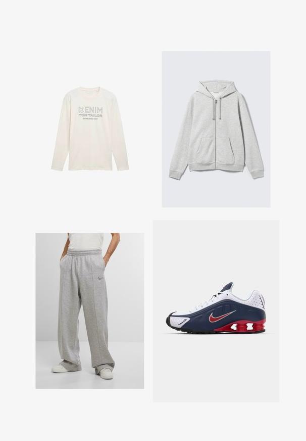 Hellgrauer Reißverschluss-Hoodie mit Kordeln und vorderen Taschen, flach gegen einen weißen Hintergrund präsentiert.; Hellbeige Langarmshirt mit Rundhalsausschnitt, auf dem ein graues Logo mit der Aufschrift "DENIM TOM TAILOR ESTABLISHED 2007" gedruckt ist.; Graue Sweatpants aus weichem Stoff, mit elastischem Bund, Seitentaschen und gesticktem Logo an der linken Hüfte. Weit geschnitten.; Weiße und marineblaue Sportschuhe mit roten Akzenten, Netzpaneelen, gepolstertem Kragen und einem markanten Sohlenentwurf mit sichtbaren Dämpfungselementen.