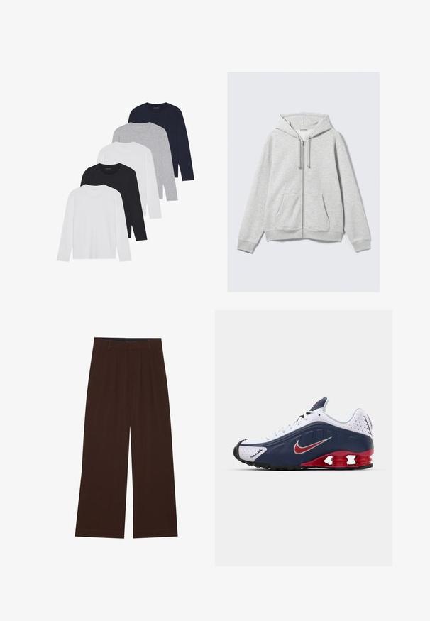 Felpa leggera grigia con zip, dotata di coulisse e tasche frontali, mostrata distesa su uno sfondo bianco.; Cinque camicie a maniche lunghe in bianco, nero, blu navy scuro, grigio e grigio chiaro. Realizzate in tessuto morbido, presentano scolli a girocollo e polsini a costine.; Pantaloni larghi marroni con pieghe. Realizzati in un tessuto liscio, presentano una vita sagomata e tasche laterali. Orlo piatto in fondo.; Scarpa sportiva bianca e blu navy con accenti rossi, pannelli in rete, collo imbottito e design distintivo della suola con unità di imbottitura visibili.