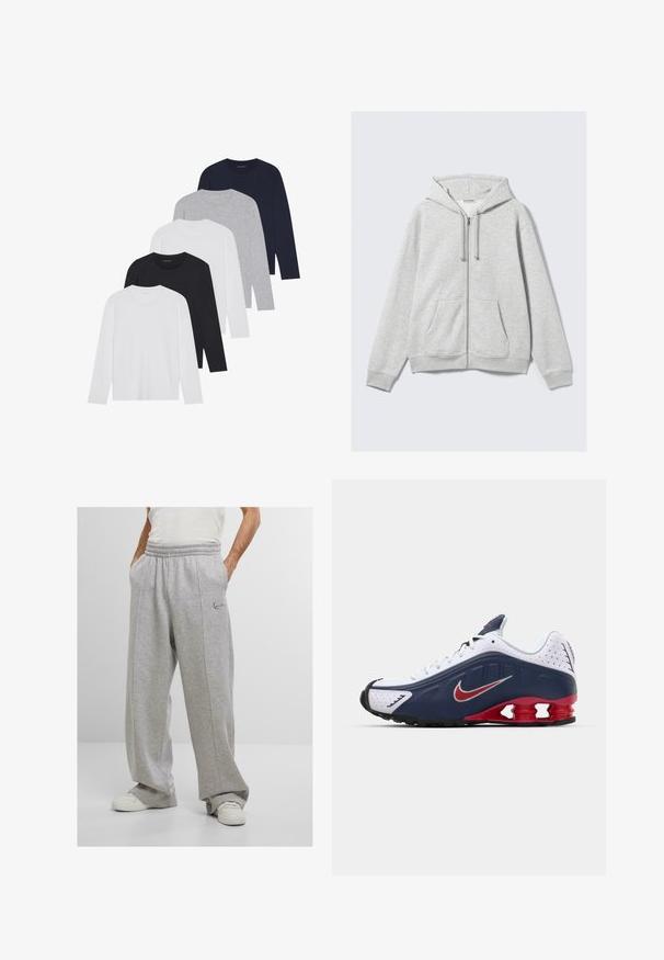 Šviesiai pilkas užtrauktuku užsegamas džemperis su raišteliais ir priekinėmis kišenėmis, išdėstytas plokščiai prieš baltą foną.; Penki ilgomis rankovėmis marškiniai: balti, juodi, tamsiai mėlyni, pilki ir šviesiai pilki. Pagaminti iš minkštos medžiagos, su apvaliais kaklų ir dryžuotais rankogaliais.; Pilkos sportinės kelnės, pagamintos iš minkštos medžiagos, su elastine juosmens juosta, šoninėmis kišenėmis ir išsiuvinėtu logotipu ant kairiojo šlaunies. Plati kojų dizainas.; Balti ir tamsiai mėlyni sportiniai bateliai su raudonais akcentais, tinklinėmis panelėmis, paminkštintu apvadu ir išskirtiniu padu, kuriame matomi amortizuojantys elementai.
