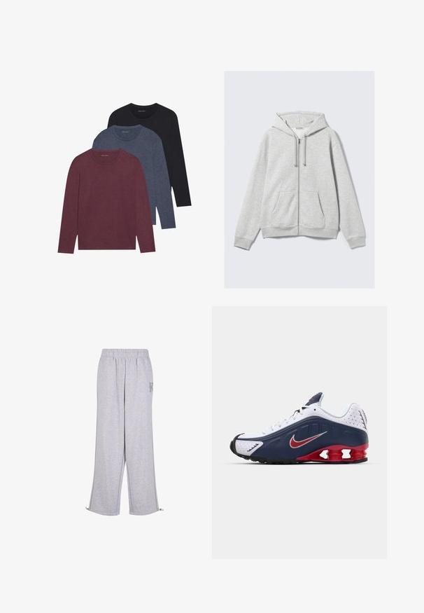 Jasnoszara bluza z kapturem na zamek błyskawiczny, z sznurkami ściągającymi i przednimi kieszeniami, wyeksponowana na białym tle.; Trzy długie koszulki z długim rękawem w kolorze bordowym, ciemnogranatowym i czarnym. Wykonane z bawełny, z okrągłym dekoltem, w jednolitych kolorach, z delikatną strukturą.; Karl Kani - Spodnie treningowe; Białe i granatowe buty sportowe z czerwonym akcentem, siateczkowymi panelami, wyściełanym kołnierzem oraz charakterystycznym wzorem podeszwy, z widocznymi jednostkami amortyzującymi.
