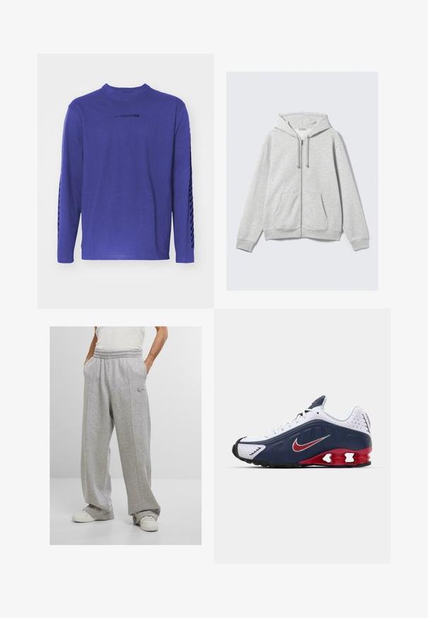 Šviesiai pilkas užtrauktuku užsegamas džemperis su raišteliais ir priekinėmis kišenėmis, išdėstytas plokščiai prieš baltą foną.; Ilgų rankovių purpurinė marškinėlių pagaminta iš medvilnės, su apvaliu iškirpimu ir raštuotu akcentu palei rankoves, bei logotipu ant krūtinės.; Pilkos sportinės kelnės, pagamintos iš minkštos medžiagos, su elastine juosmens juosta, šoninėmis kišenėmis ir išsiuvinėtu logotipu ant kairiojo šlaunies. Plati kojų dizainas.; Balti ir tamsiai mėlyni sportiniai bateliai su raudonais akcentais, tinklinėmis panelėmis, paminkštintu apvadu ir išskirtiniu padu, kuriame matomi amortizuojantys elementai.