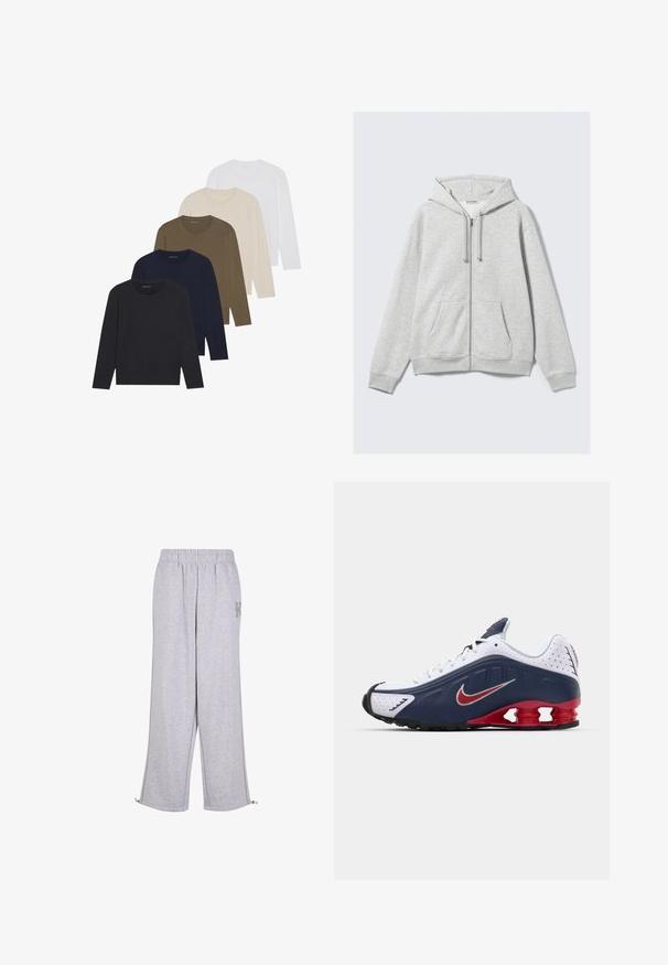 Svetlo siva kapuca na zadrgo s ušicama i prednjim dzepovima, prikazana ravno na beloj pozadini.; Pet izdelkov blagovne znamke so dolgi rokavi s prelivom barv: temno mornarsko, mornarsko, olivno zeleno, bež in belo. Vsak ima okroglo ovratnik in gladko teksturo.; Karl Kani Spodnji deli trenirk - grey; Bela in mornarsko modra športna obutev z rdečimi detajli, mrežastimi paneli, oblazinjeno ovratnikom in značilno podplatom z vidnimi blažilnimi enotami.