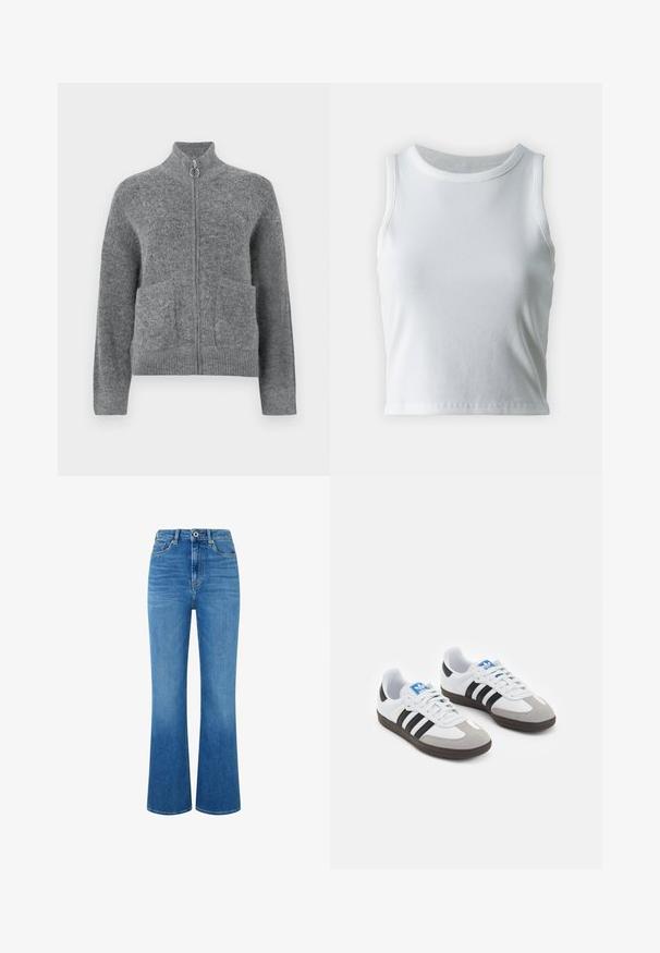 Hallide hallukk kardigan kõrge kaelusega, lukuga kinnitusega ja kahe esipocketiga. Omab pehmet tekstuuri ja soonikkoes mansette ning alläär.; Valge ribadega kampsun, ümarate kaelustega ja ilma varrukateta, sirge äärisega ning sileda, veniva struktuuriga.; Heledad sinine teksarihmaga flared teksad kõrge vöökohaga, ees olevate taskutega, luku ja kerge kulumisega tekstuuri jaoks. Ilma nähtava brändita.; Spordijalatsid valge nahkpealsega, halli nubuk-naha otsaga ja kolme musta triibuga. Omab sinist logo keele peal ja struktureeritud kummitalda.