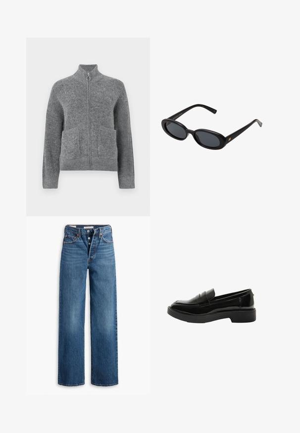 Cardigan in maglia grigio con colletto alto, chiusura a zip e due tasche frontali. Presenta una texture morbida e polsini e orlo a costine.; Canotta bianca a costine con un logo ricamato nero centrato sul petto. Il colletto e le aperture delle braccia sono rifiniti con un sottile bordino.; Jeans in denim blu con un design a gamba larga, cinque tasche, chiusura con bottoni e cuciture a contrasto. Tessuto testurizzato con una finitura sbiadita.; Lipsy Scarpe senza lacci - black; Occhiali da sole neri oversize con lenti ovali, montatura in plastica liscia e accenti dorati sulle tempie. Le lenti scure offrono protezione dal sole.