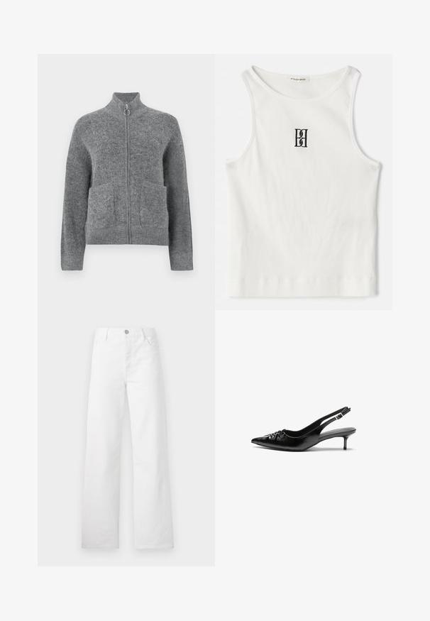 Hallide hallukk kardigan kõrge kaelusega, lukuga kinnitusega ja kahe esipocketiga. Omab pehmet tekstuuri ja soonikkoes mansette ning alläär.; Valge ribaga tank top, millel on must tikandiga logo, mis on keskendatud rinnale. Kaelus ja käeaukude servad on kaunistatud diskreetse ääristusega.; Valged laiad teksapüksid, mis on valmistatud puuvillane denimist. Omab nööbi ja tõmbluku sulgemist, klassikalisi esipakke ning puhta, lihtsa disaini.; Mustad nahast rihmikud terava nina, madala kassisaba kand ja volditud detailiga eespool. Siledat tekstuuri ja minimalistlikku disaini.