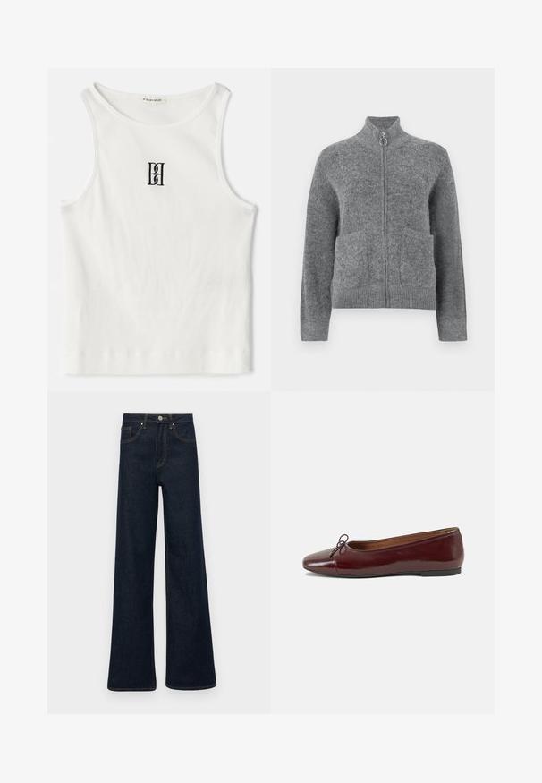 Grijze gebreide cardigan met een hoge kraag, ritsluiting en twee voorzakken. Het heeft een zachte textuur en ribbels bij de mouwen en onderkant.; Witte geribde tanktop met een zwart geborduurd logo in het midden van de borst. De halslijn en armsgaten zijn afgewerkt met een subtiele bies.; Donkerblauwe wijde denim jeans met voorzakken, riemlussen en een knoopsluiting.; Bordeaux gepatenteerd lederen ballerina met een ronde neus, een klein strikaccent aan de voorkant en een lage, zwarte rubberen zool. Glad textuur.