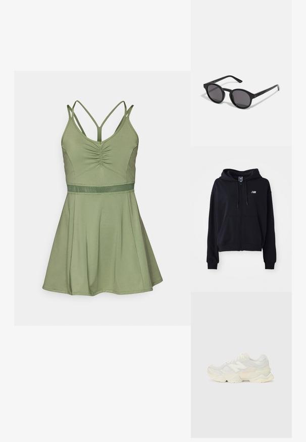Hanorac negru cu fermoar, fabricat dintr-un material moale, având un buzunar tip kangur pe față, glugă cu șnur și un mic logo reflectorizant pe piept.; Rochie verde fără mâneci, cu un corset ajustat, detalii pliate în față și o fustă evazată. Include o talie texturată și bretele încrucișate.; Adidaș ușor, cu un superior din plasă și piele întoarsă în nuanțe de crem moale, cu o talpă groasă și accente tridimensionale.; Ochelari de soare negri cu un cadru rotund, ușor ondulat, lentile întunecate și brațe negre drepte. Finisaj neted, lucios, fără modele vizibile.