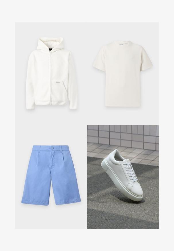 White fleece hoodie with a full zipper, large hood, and front pocket. Soft texture and simple design, featuring a small logo accent.; White short-sleeve T-shirt in a ribbed texture. Round neckline, relaxed fit, no visible patterns or accents. Simple and versatile design.; Light blue cotton shorts with a flat front, two side pockets, and a single button closure. Features a smooth texture and straight-cut legs.; White leather sneaker with a smooth surface, round toe, and flat white laces. Features a textured rubber sole and minimal design elements.