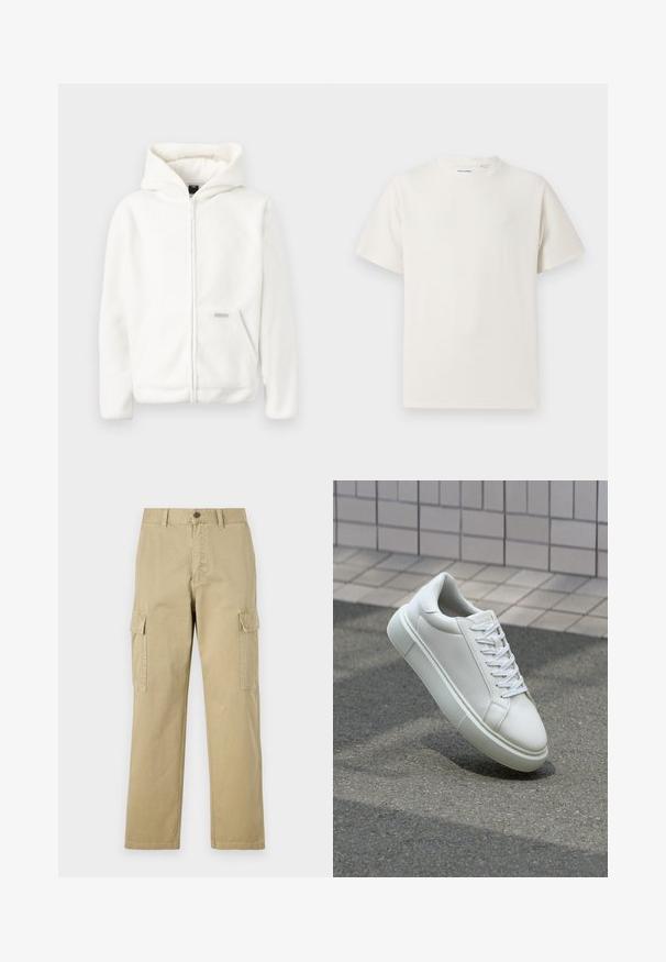White fleece hoodie with a full zipper, large hood, and front pocket. Soft texture and simple design, featuring a small logo accent.; White short-sleeve T-shirt in a ribbed texture. Round neckline, relaxed fit, no visible patterns or accents. Simple and versatile design.; Beige cargo pants made of cotton, featuring two side pockets, a button closure, and straight legs with a slightly textured fabric.; White leather sneaker with a smooth surface, round toe, and flat white laces. Features a textured rubber sole and minimal design elements.
