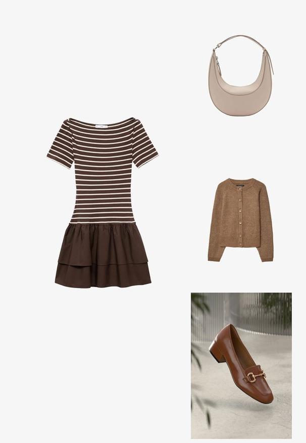 Brun stickad cardigan med rund halsringning, knäppning och ribbade ärmslut. Texturen är mjuk med ett mysigt, varmt utseende.; Brun och beige randig kortärmad klänning med rundad halsringning och lager-på-lager volangkjol.; Brun lackläder loafer med fyrkantig tå, metallkedja som accent och låg blockklack; slät textur, minimalistisk design.; Beige läderaxelväska med en halvmåneform, slät yta och ett enda böjt handtag. Har dragkedjestängning och snygg sömnad.