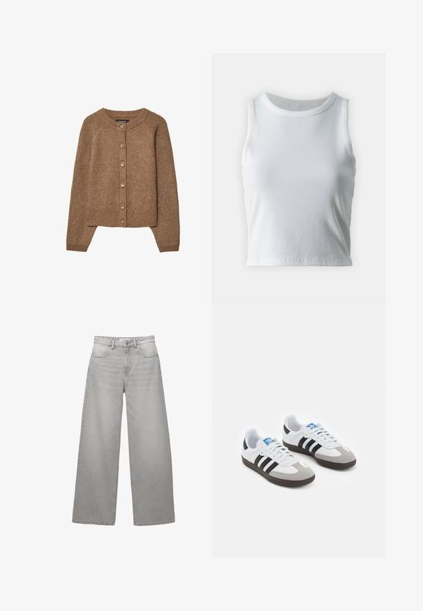 Brauner Strickcardigan mit rundem Ausschnitt, Knopfverschluss und gerippten Bündchen. Die Textur ist weich und hat ein gemütliches, warmes Aussehen.; Weißes, geripptes Tanktop mit runder Ausschnittform und ärmellosem Design, ausgestattet mit einem geraden Saum und einer glatten, dehnbaren Textur.; Hellgraue Denim-Jeans mit weitem Bein und hoher Taille, ausgestattet mit fünf Taschen, einem Reißverschluss und sichtbaren Nähten. Weiche Textur mit einem verwaschenen Finish.; Sportschuhe mit einem Obermaterial aus weißem Leder, grauer Wildleder-Zehenkappe und drei schwarzen Streifen. Sie verfügen über ein blaues Logo auf der Zunge und eine strukturierte Gummisohle.