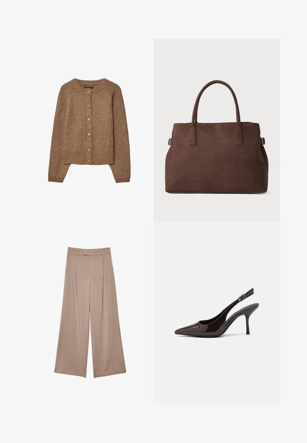 Brun stickad cardigan med rund halsringning, knäppning och ribbade ärmslut. Texturen är mjuk med ett mysigt, varmt utseende.; Brun ärmlös topp med fyrkantig halsringning, tillverkad av mjukt, elastiskt tyg. Har en figurnära design och plana sömmar.; Beige vida byxor med vertikala ränder, hög midja och en mjuk textur med skräddarsydd design och ren finish.; Högklackad slingback-sko i blankt mörkbrunt lackläder, spetsig tå, öppna sidor och justerbart ankelsnöre.; Brun faux mockasins toteväska med två robusta handtag, en strukturerad form och minimalistisk design, med subtila sömdekorationer.