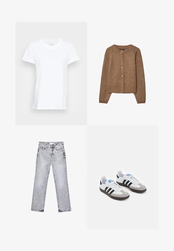 Brown knit cardigan featuring a round neckline, button closure, and ribbed cuffs. The texture is soft with a cozy, warm appearance.; White short-sleeved t-shirt made of soft cotton. Features a round neckline and a slightly loose fit with side slits for added comfort.; Gray denim jeans with a straight-leg cut, distressed detailing, five pockets, and copper rivets. Waistband features a logo tag.; Sport shoes with a white leather upper, gray suede toe, and three black stripes. Features a blue logo on the tongue and a textured rubber sole.