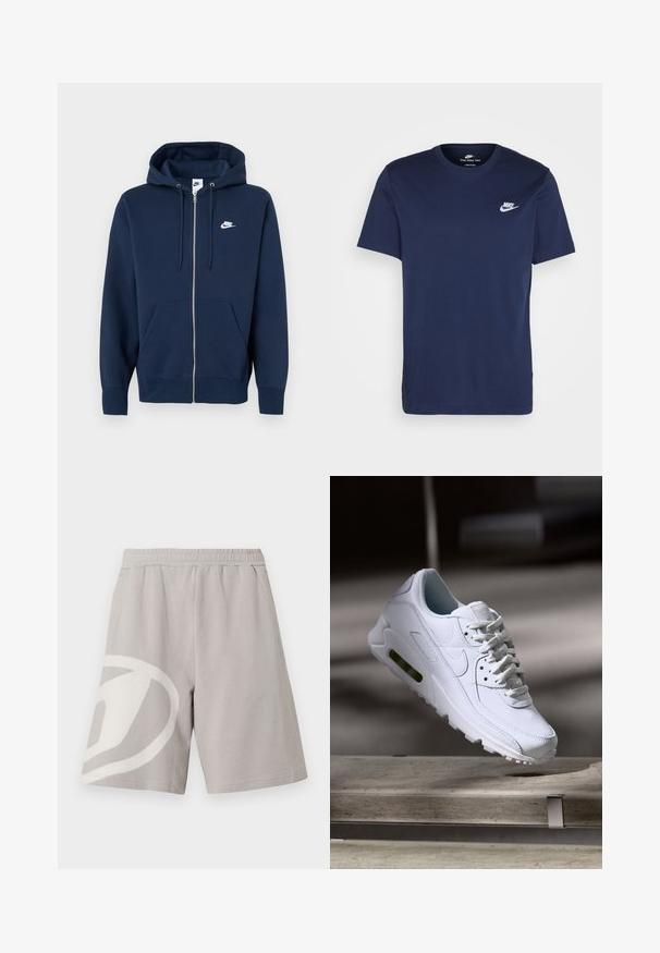 Marineblauwe zip-up hoodie met een voorzak, trekkoord in de capuchon en een wit Nike-logo op de linkerborst. Gemaakt van zacht materiaal.; Marineblauwe katoenen T-shirt met een ronde hals en korte mouwen. Beschikt over een wit Nike-logo op de linkerkant van de borst en een rechte zoom.; Lichtgrijze casual shorts met elastische tailleband en groot wit abstract design op het linkerbeen, weergegeven tegen een witte achtergrond.; Witte leren sneaker met gestructureerde oppervlakken, gevoerde kraag en zichtbare luchtbescherming in de zool. Heeft veters en een minimalistisch ontwerp.