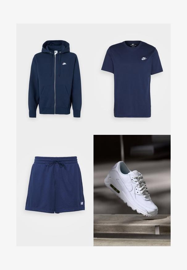 Granatowa bluza z kapturem na zamek, z przednią kieszenią, regulowanym sznurkiem przy kapturze oraz białym logo Nike na lewej piersi. Wykonana z miękkiego materiału.; Granatowa bawełniana koszulka z okrągłym dekoltem i krótkimi rękawami. Posiada białe logo Nike na lewej piersi oraz prosty dół.; Granatowe siatkowe szorty z elastycznym pasem i sznurkiem. Zawierają panele boczne oraz małe białe logo w dolnej prawej części.; Białe skórzane sneakersy z teksturowanymi powierzchniami, wyściełanym kołnierzem i widoczną poduszką powietrzną w podeszwie. Posiadają sznurówki i minimalistyczny design.