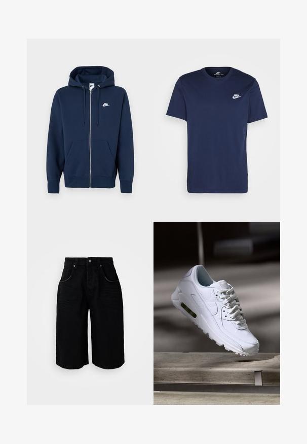 Tumesinine lukuga dressipluus esitasku, kapuuts nööriga ja valge Nike logo vasakul rinnal. Valmistatud pehmest kangast.; Tumesinine puuvillane T-särk ümmarguse kaelusega ja lühikeste varrukatega. Vasakul rinnal on valge Nike logo ja sirge äär.; Mustat denimi lühikesed püksid otse lõikega, viie taskuga, metallist nööbi kinnitusega ja peene tekstuuriga. Hem on viimistletud puhta lõikega.; Valge nahast tennisete õhustuskujuga pinnad, pehmendustega krae ja nähtav õhuklapp tallas. Omab paelu ja minimaliseeritud disaini.