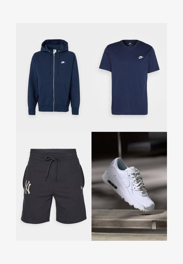 Tumesinine lukuga dressipluus esitasku, kapuuts nööriga ja valge Nike logo vasakul rinnal. Valmistatud pehmest kangast.; Tumesinine puuvillane T-särk ümmarguse kaelusega ja lühikeste varrukatega. Vasakul rinnal on valge Nike logo ja sirge äär.; Mustad puuvillased lühikesed püksid, millel on nööriga vöökoht, küljetaskud ja vasakul jalal tikitud valge NY logo. Lihtne disain ja mugav istuvus.; Valge nahast tennisete õhustuskujuga pinnad, pehmendustega krae ja nähtav õhuklapp tallas. Omab paelu ja minimaliseeritud disaini.