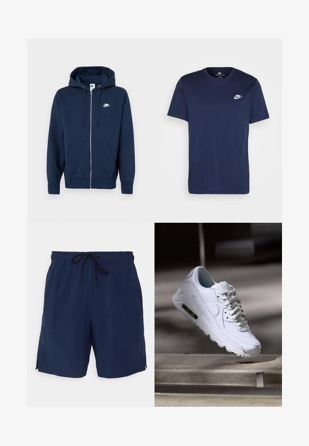 Sudadera con capucha azul marino con cremallera, bolsillo delantero, capucha con cordón y logo blanco de Nike en el pecho izquierdo. Hecha de tela suave.; Camiseta de algodón azul marino con cuello redondo y mangas cortas. Presenta un logotipo blanco de Nike en el lado izquierdo del pecho y un dobladillo recto.; Bañador azul marino hecho de material ligero, con una cintura elástica y cordón ajustable, además de aberturas laterales para facilitar el movimiento.; Zapatilla blanca de piel con superficies texturizadas, cuello acolchado y amortiguación de aire visible en la suela. Presenta cordones y un diseño minimalista.