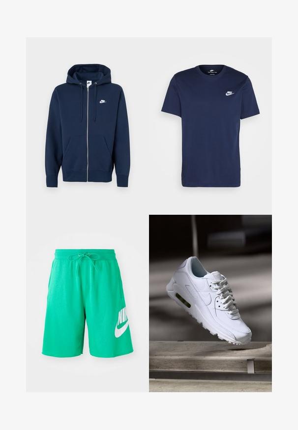Granatowa bluza z kapturem na zamek, z przednią kieszenią, regulowanym sznurkiem przy kapturze oraz białym logo Nike na lewej piersi. Wykonana z miękkiego materiału.; Granatowa bawełniana koszulka z okrągłym dekoltem i krótkimi rękawami. Posiada białe logo Nike na lewej piersi oraz prosty dół.; Zielone bawełniane szorty z elastycznym paskiem, sznurkiem do regulacji oraz dużym białym logo Nike na lewej udzie. Gładka tekstura, długość do kolan.; Białe skórzane sneakersy z teksturowanymi powierzchniami, wyściełanym kołnierzem i widoczną poduszką powietrzną w podeszwie. Posiadają sznurówki i minimalistyczny design.