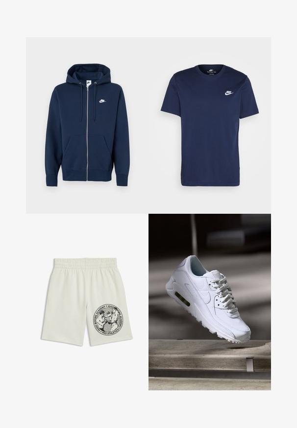 Marineblå hættetrøje med lynlås, frontlomme, snøre i hætten og et hvidt Nike-logo på venstre bryst. Fremstillet af blødt stof.; Marineblå bomulds T-shirt med rund hals og korte ærmer. Har et hvidt Nike-logo på venstre bryst og en lige kant.; Cremefarvede shorts med elastisk talje, prydet med et sort grafisk motiv af to boksere og teksten "Hugo Boxing Academy 1993 Athletics" på benet.; Hvide lædersneakers med teksturerede overflader, polstret krave og synlig luftpolstring i sålen. Har snørrebånd og et minimalistisk design.