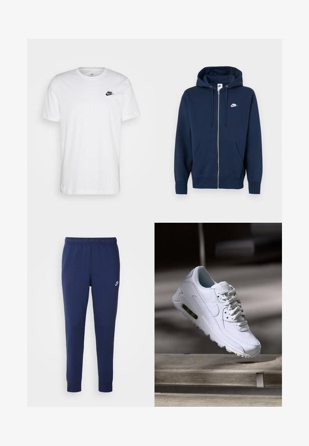 Tmavě modrá mikina na zip s přední kapsou, kapucí na stažení a bílým logem Nike na levé straně hrudníku. Vyrobena z měkké látky.; Bílá bavlněná tričko s kulatým výstřihem, krátkými rukávy a černým logem Nike na levé straně hrudníku. Jednoduchý, jednobarevný design.; Tmavě modré tepláky Nike vyrobené z měkké bavlněné směsi, s elastickým pasem, tapered nohavicemi a malým bílým logem na boku.; Bílé kožené tenisky s texturovanými povrchy, polstrovaným límcem a viditelným vzduchovým odpružením v podešvi. Mají tkaničky a minimalistický design.