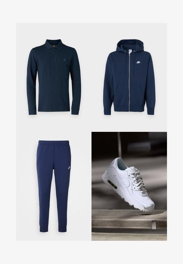 Marineblå hettejakke med glidelås, frontlomme, snor i hetten og en hvit Nike-logo på venstre bryst. Laget av mykt stoff.; Timberland MILLERS RIVER MILLERS RIVER - Topper langermet - dark sapphire; Marineblå Nike joggebukser laget av myk bomullsblanding, med elastisk midje, smale ben og en liten hvit logo på siden.; Hvit lær sneakers med teksturerte overflater, polstret krage og synlig luftdemping i sålen. Har snøring og et minimalistisk design.