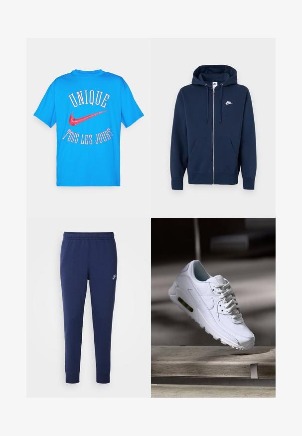 Tumesinine lukuga dressipluus esitasku, kapuuts nööriga ja valge Nike logo vasakul rinnal. Valmistatud pehmest kangast.; Sinine puuvillane T-särk, millel on punane tekst "UNIQUE TOUS LES JOURS" ja punane Nike swooshi logo seljal, lühikesed varrukad, ümmargune kaelus.; Tumedama sinine Nike treeningpüksid, mis on valmistatud pehmest puuvillasegust, millel on elastne vöökoht, kitsenevad sääred ja väike valge logo küljel.; Valge nahast tennisete õhustuskujuga pinnad, pehmendustega krae ja nähtav õhuklapp tallas. Omab paelu ja minimaliseeritud disaini.