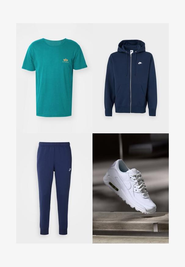 Laivastonsininen vetoketjullinen huppari, jossa etutasku, kiristysnauhallinen huppu ja vasemmassa rinnassa valkoinen Nike-logo. Valmistettu pehmeästä kankaasta.; Alpha Industries SMALL LOGO - Printtipaita - force green; Tummansininen Nike-housut, jotka on valmistettu pehmeästä puuvillasekoitteesta. Niissä on elastinen vyötärö, kapeat lahkeet ja pieni valkoinen logo sivulla.; Valkoinen nahkasneakers, jossa on teksturoidut pinnat, pehmustettu kaulus ja näkyvä ilmatäyttö pohjassa. Varustettu nauhoilla ja minimalistisella muotoilulla.
