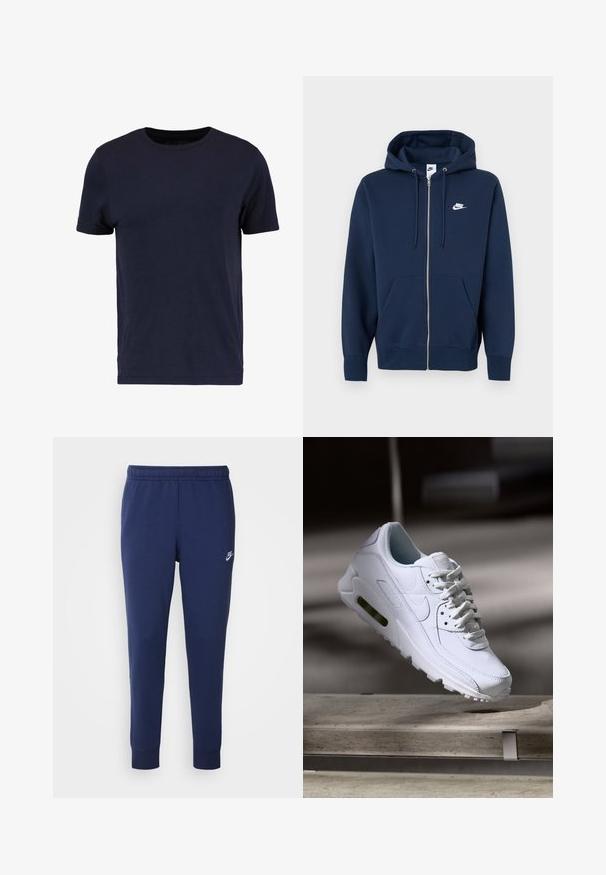 Laivastonsininen vetoketjullinen huppari, jossa etutasku, kiristysnauhallinen huppu ja vasemmassa rinnassa valkoinen Nike-logo. Valmistettu pehmeästä kankaasta.; Pier One T-paita - dark blue; Tummansininen Nike-housut, jotka on valmistettu pehmeästä puuvillasekoitteesta. Niissä on elastinen vyötärö, kapeat lahkeet ja pieni valkoinen logo sivulla.; Valkoinen nahkasneakers, jossa on teksturoidut pinnat, pehmustettu kaulus ja näkyvä ilmatäyttö pohjassa. Varustettu nauhoilla ja minimalistisella muotoilulla.