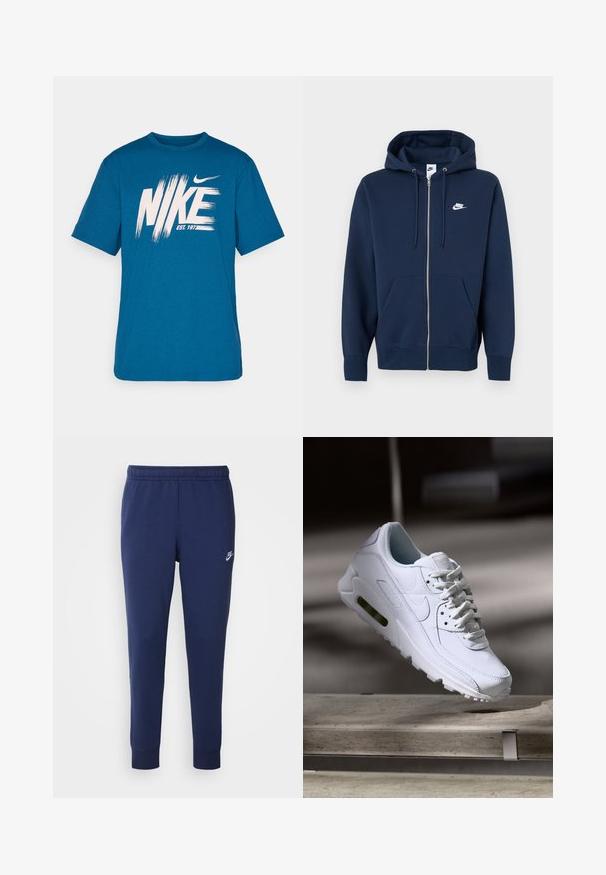 Marineblå hettejakke med glidelås, frontlomme, snor i hetten og en hvit Nike-logo på venstre bryst. Laget av mykt stoff.; Blå bomull T-skjorte med et stort hvitt "NIKE"-logo med penselstrekseffekt og "EST. 1977"-tekst nedenfor, rund halslinning og korte ermer.; Marineblå Nike joggebukser laget av myk bomullsblanding, med elastisk midje, smale ben og en liten hvit logo på siden.; Hvit lær sneakers med teksturerte overflater, polstret krage og synlig luftdemping i sålen. Har snøring og et minimalistisk design.