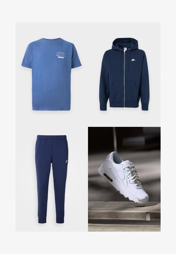 Navy blue zip-up hoodie with a front pocket, drawstring hood, and a white Nike logo on the left chest. Made from soft fabric.; Blue short-sleeve t-shirt with small white "OBEY Perpetual Persistent movement" text on the left chest.; Navy blue Nike sweatpants made from soft cotton blend, featuring an elastic waistband, tapered legs, and a small white logo on the side.; White leather sneaker with textured surfaces, padded collar, and visible air cushioning in sole. Features laces and a minimalistic design.