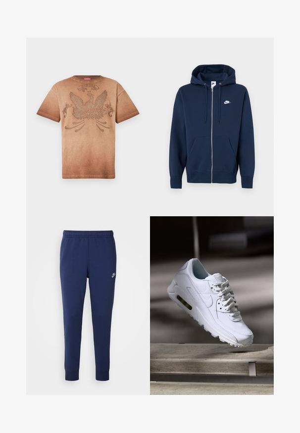 Tmavě modrá mikina na zip s přední kapsou, kapucí na stažení a bílým logem Nike na levé straně hrudníku. Vyrobena z měkké látky.; Hnědé tričko s krátkým rukávem s velkým reliéfním motivem orla a nápisem "Diesel 1978" na přední straně, s vybledlým přechodovým efektem.; Tmavě modré tepláky Nike vyrobené z měkké bavlněné směsi, s elastickým pasem, tapered nohavicemi a malým bílým logem na boku.; Bílé kožené tenisky s texturovanými povrchy, polstrovaným límcem a viditelným vzduchovým odpružením v podešvi. Mají tkaničky a minimalistický design.