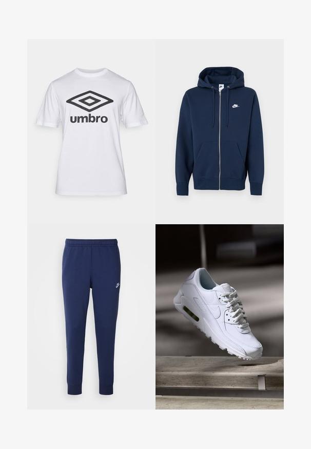 Temno modra jopa z zadrgo, sprednjim žepom, kapuco z vrvico in belim logotipom Nike na levi strani prsnega dela. Iz mehkega blaga.; Bela bomba iz bombaža z velikim črnim logotipom "Umbro" in grafiko diamanta na sprednji strani. Kratke rokave, okrogel izrez, klasičen kroj.; Temno modre Nike trenerke iz mehkega bombažnega materiala, z elastičnim pasom, zoženimi hlačnicami in majhnim belim logotipom na strani.; Bela usnjena teniska obutev s teksturiranimi površinami, podloženim ovratnikom in vidnim zračnim blaženjem v podplatu. Vsebuje vezalke in minimalističen dizajn.