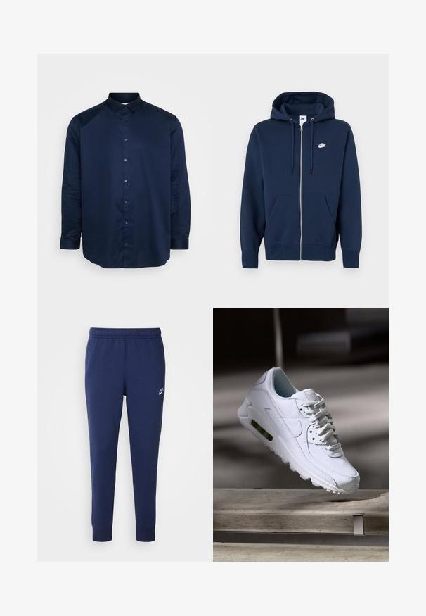 Hanorac cu fermoar de culoare bleumarin, dotat cu un buzunar frontal, sireturi ajustabile și un logo alb Nike pe partea stângă a pieptului. Țesătură moale și texturată.; Cămașă albastru închis cu nasturi, fabricată dintr-un material neted, cu un guler clasic, mâneci lungi și placket frontal cu nasturi asortați.; Pantaloni de trening Nike bleumarin, confecționați dintr-un amestec de bumbac moale, având un brâu elastic, picioare conice și un mic logo alb pe lateral.; Adidași din piele albă cu suprafețe texturate, guler căptușit și amortizare vizibilă în talpă. Prezintă sireturi și un design minimalist.