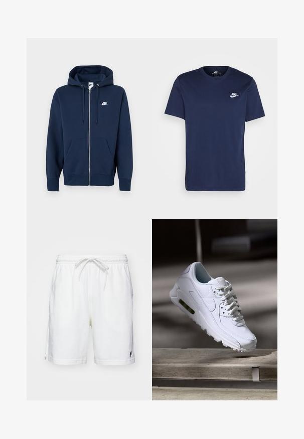 Tumesinine lukuga kapuutsiga sviiter, millel on ees tasku, reguleeritavad nöörid ja valge Nike logo vasakul rinnal. Pehme, tekstuuriga kangas.; Tumesinine puuvillane T-särk ümmarguse kaelusega ja lühikeste varrukatega. Vasakul rinnal on valge Nike logo ja sirge äär.; Valged puuvillased lühikesed püksid elastse vöökoha, paeltõmbe ja külgslitsidega. Vasakul serval on väike must logo.; Valge nahast tennisete õhustuskujuga pinnad, pehmendustega krae ja nähtav õhuklapp tallas. Omab paelu ja minimaliseeritud disaini.