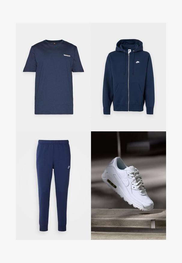 Sudadera con cremallera en color azul marino, con un bolsillo frontal, cordones ajustables y el logotipo blanco de Nike en el lado izquierdo del pecho. Tejido suave y texturado.; Timberland SMALL LINEAR LOGO PRINT TEE - Camiseta estampada - dark sapphire; Pantalones de chándal Nike azul marino hechos de una suave mezcla de algodón, con una cintura elástica, piernas ajustadas y un pequeño logotipo blanco en el lateral.; Zapatilla blanca de piel con superficies texturizadas, cuello acolchado y amortiguación de aire visible en la suela. Presenta cordones y un diseño minimalista.