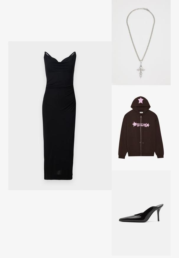Sweatshirt com fecho em castanho, com um detalhe em estrela rosa na capuz, apresentando um design gráfico em rosa com texto e estrelas na parte da frente. Possui bolsos frontais.; Vestido preto ajustado com decote em V e alças finas. Feito de tecido suave, apresenta franzidos laterais e uma bainha até ao joelho.; Mule de salto alto em couro envernizado preto com ponta fina e uma silhueta elegante, apresentando um calcanhar aberto e um salto stiletto esbelto.; Colar de corrente prateada com um grande pendente de cruz ornamentada, apresentando detalhes afiados e um acabamento polido. A corrente é grossa e plana.