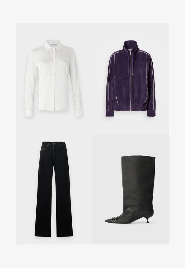 Lacoste Sweatjacke - dark blue; Lacoste Hemdbluse - lapland; Schwarze Jeans mit weitem Bein aus Denim, mit einem vorderen Knopfverschluss, fünf Taschen und einem kleinen Logopatch am Bund.; Schwarze Leder-Ankle Boots mit spitzem Zehenbereich, kleinem Absatz und metallischen Akzenten an der Spitze. Sanfte, matte Textur im gesamten Schuh.