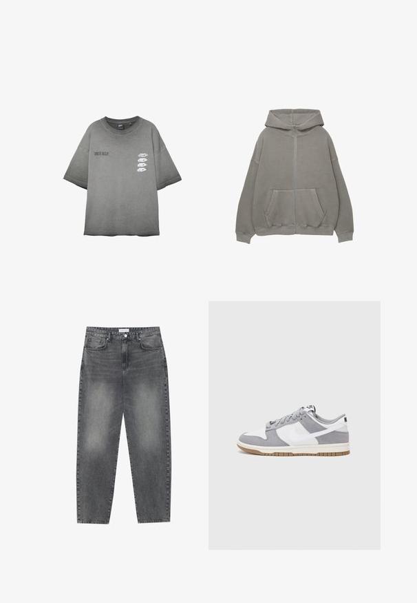 Siva zip-up kapuca z velikim kapuljačom, prevelik fit, kenguruj žepima i rebrastim manžetama i donjim rubom. Mekan, debeo materijal s minimalnim šavovima.; Siv majhen T-shirt s tekstom "PRAVA JAZ" na levem prsnem delu in štirimi belimi očesnimi grafikami v navpični vrstici na desnem prsnem delu.; Visoko pasovi, široke kavbojke iz obledelog črnega denima. Imajo pet žepov, zanke za pas in čisto, ravno obliko nog. ; Sive in bele teniske s suknim in usnjem zgornjim delom, zaobljenim nosom, ravnimi vezalkami in gumijastim podplatom z dodatkom gumijaste barve.