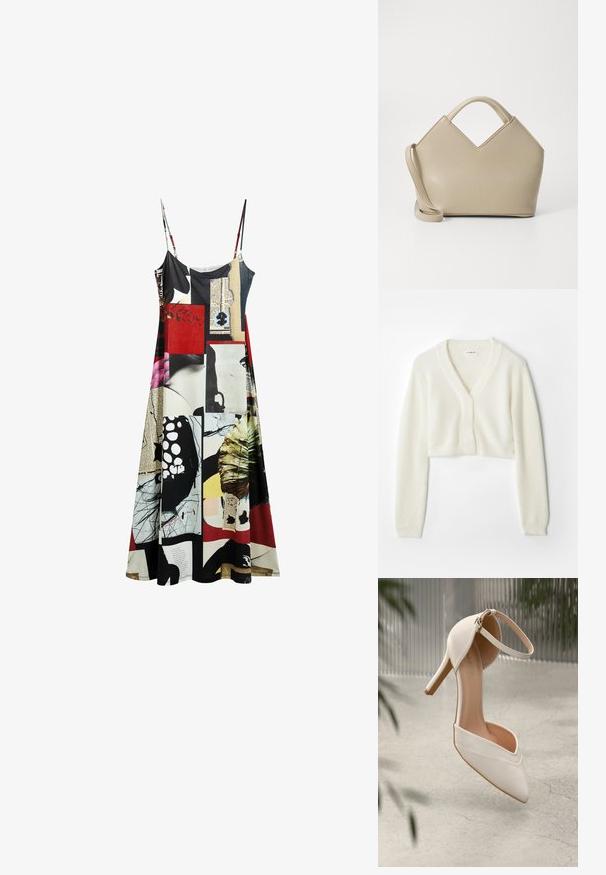 Skrasen svetr v jemnej bielej látke s výstrihom do V, dlhými rukávmi a textúrovaným detailom, s gombíkovým zapínaním vpredu.; Šaty s tenkými ramienkami, farebný patchwork dizajn s abstraktnými vzormi, vrátane červenej, čiernej a bielej. Mäkká textúra materiálu.; Biele vysoké lodičky z hladkého materiálu s špicatou špičkou a členkovým remienkom. Majú svetlohnedý interiér a akcenty v zlatej farbe.; Béžová štruktúrovaná kabelka s vrcholom v tvare V, vyrobená z hladkej kože, s krátkymi rúčkami a dlhým nastaviteľným popruhom. Minimalistický dizajn.
