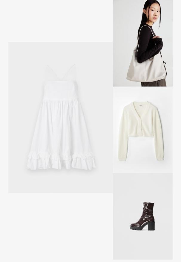 Rövidített kardigán puha fehér anyagból, V-nyakkal, hosszú ujjakkal és textúrázott részletekkel, elülső gombos záródással.; Fehér ujjatlan ruha testhezálló felsőrésszel, bővülő szoknyával és fodros szegéllyel. Könnyű anyagból készült, vékony pántokkal és V-kivágással rendelkezik.; Fényes bordó bokacsizma vastag fekete sarokkal, sima felülettel és egyszerű dizájnnal. Nincsenek látható zárak vagy minták.; Puha anyagból készült bézs kézitáska, laza dizájnnal, varrott részletekkel és két vállpánttal. Mindennapi használatra alkalmas.