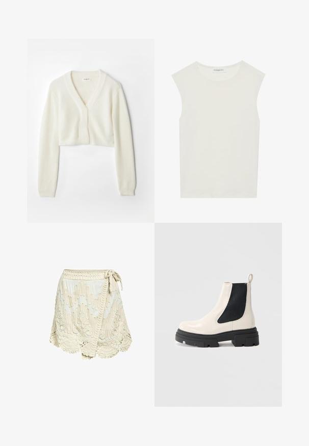 Gilet court en tissu blanc doux avec un décolleté en V, des manches longues et un détail texturé, doté d'une fermeture à boutons à l'avant.; Haut sans manches blanc avec un col rond. Fabriqué en tissu lisse, il présente une coupe décontractée et un design minimaliste. Pas de motifs ni d'accents.; Jupe en crème avec broderies texturées, dotée d'un ourlet en dentelle et d'un détail à nouer à la taille. Fabriquée dans un tissu léger avec des motifs complexes.; Bottines Chelsea en cuir crème avec semelle noire épaisse et panneau latéral élastique noir sur fond blanc uni.