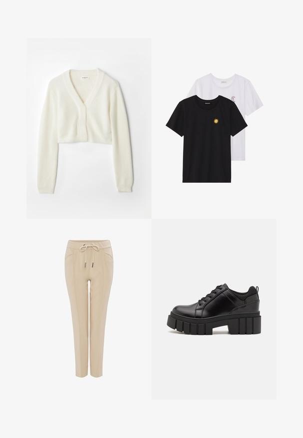 Kurze Strickjacke aus weichem weißen Stoff mit V-Ausschnitt, langen Ärmeln und strukturierter Detail, mit einer Knopfverschluss vorne.; Schwarz-weiße T-Shirts, Rundhals, kurze Ärmel. Das schwarze Shirt hat eine gelbe Sonnenstickerei; das weiße eine lila Halbmond-Akzent.; Beige tapered Jogginghosen mit elastischem Bund, Kordelzugverschluss, vorderen Taschen und strukturiertem Stoff. Flacher vorderer Teil und eng anliegende Bündchen.; Schwarze Lederplateauschuhe mit klobigem Blockabsatz, runder Zehenpartie und traditionellem Schnürdesign. Verfügt über eine glatte Textur und minimale Details.