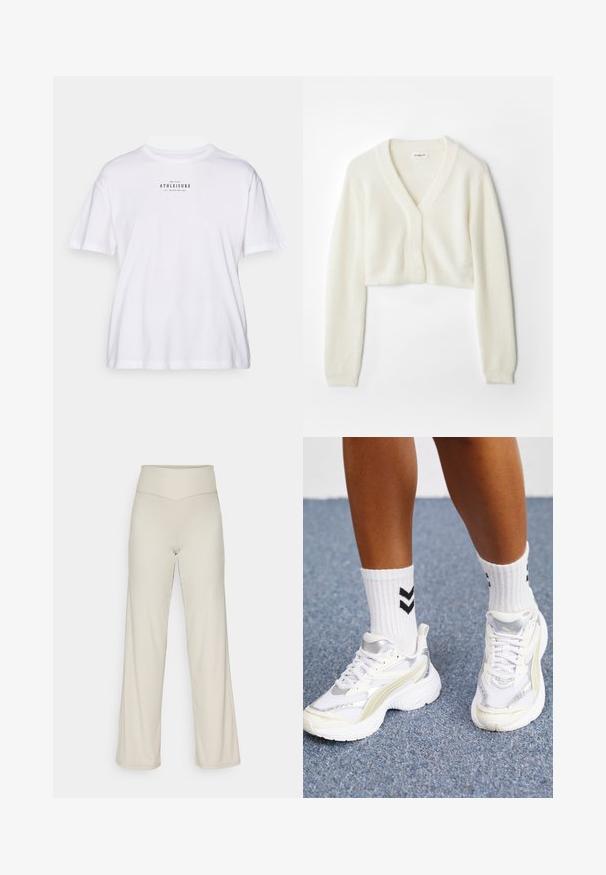 Forkortet cardigan i blødt hvidt stof med V-hals, lange ærmer og struktureret detaljer, med knaplukning foran.; Hvid bomulds t-shirt med korte ærmer, der har en rund hals og trykt tekst i sort, der siger "ONLY PLAY ATHLEISURE" på forsiden.; Beige brede benbukser med ribbet tekstur, høj talje og lige skæring. Har et subtilt split i kanten.; Hvide sneakers med sølvdetaljer, mesh-materiale og chunky design. Parret med hvide sokker med sorte chevronmønstre.