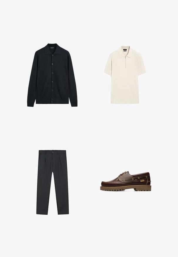 Donkerblauwe cardigan gemaakt van textuurgebreide stof. Heeft een brede kraag, zes frontknopen en zijzakken.; Beige polo shirt met korte mouwen, gemaakt van een gestructureerde stof; voorzien van een ritssluitingskraag en een klassieke kraag. Eenvoudig en minimalistisch ontwerp.; Zwarte, rechte broek van lichtgewicht stof, met een knoopsluiting, geplooide voorkant en zijzakken. Overal een gladde textuur.; Bruine leren veterschoen voor op een boot met gestikte details en een dikke rubberen zool, gezien vanaf de zijkant.