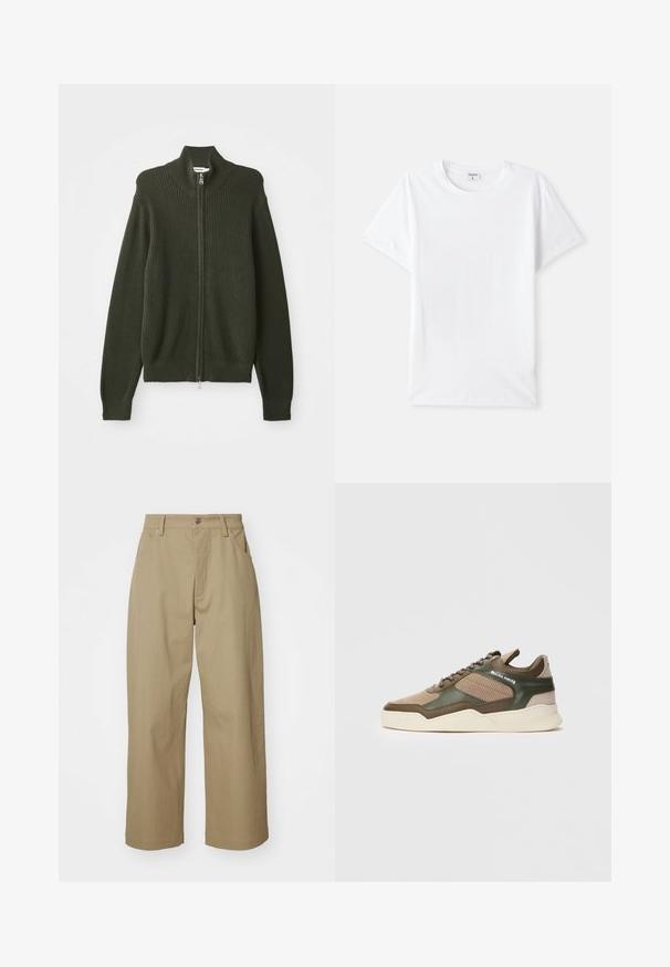 Dark green ribbed knit zip-up cardigan with high collar and long sleeves, laid flat on a white background.; White cotton t-shirt, crew neckline, short sleeves, smooth texture, no patterns or accents, simple design, standard fit.; Khaki wide-leg trousers made of cotton, featuring a high waist, front pockets, and a button closure. Smooth texture and tailored fit.; Beige and green low-top sneaker with perforated sides, white sole, lace-up front, and "FILLING PIECES" branding on the side panel.