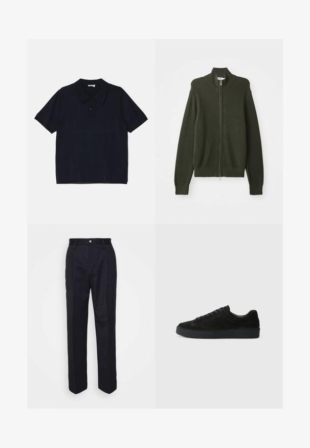 Dunkelgrüner gerippter Strick-Zipfelcardigan mit hohem Kragen und langen Ärmeln, flach auf einem weißen Hintergrund ausgelegt.; Schwarzes Kurzarm-Polohemd aus weichem, leichtem Stoff. Verfügt über einen klassischen Kragen und einen vorderen Knopfverschluss.; Schwarze, maßgeschneiderte Hose mit geradem Bein, aus glattem Stoff, mit einem vorderen Knopfverschluss und zwei seitlichen Taschen.; Schwarze Wildleder-Sneaker mit flacher, strukturierter Sohle, rundem Zehenbereich, sechs Ösen für Schnürsenkel und minimalistischen Design.